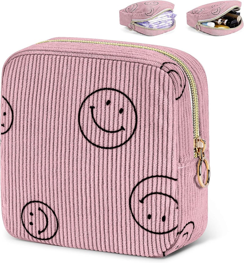 SIDESUGAR Period Bag for Teen Girls - Shark Week Pouch - Corduroy Portable Sanitary Pad Bags - Holds 6-10 Pads - Pink - Image 1